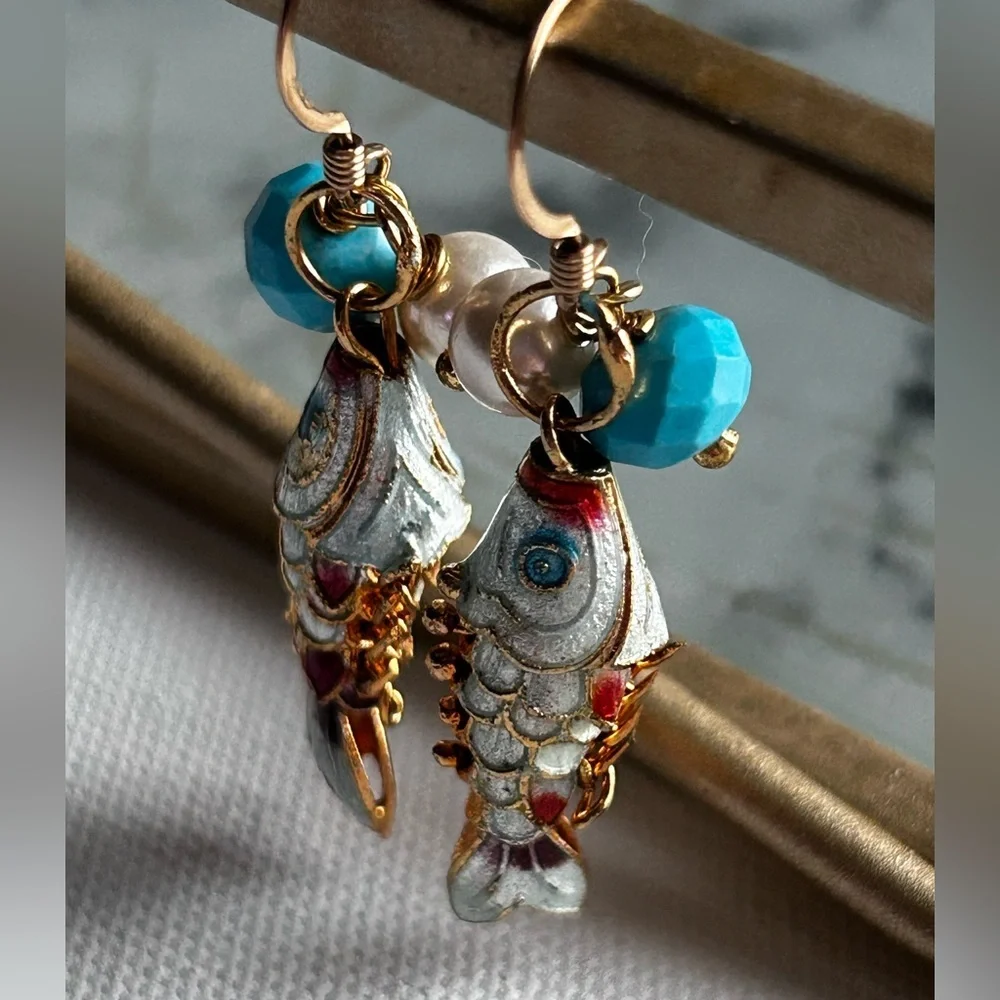 Articulating 14K Gold Koi Fish Enamel Good Luck Dangle Earrings Blue White